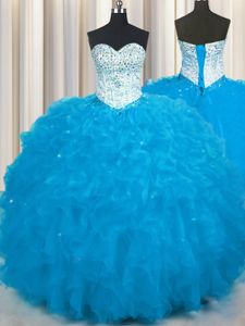 Discount Court Train Baby Blue Ball Gowns Beading and Pick Ups 15th Birthday Dress Lace Up Organza Sleeveless Floor Length