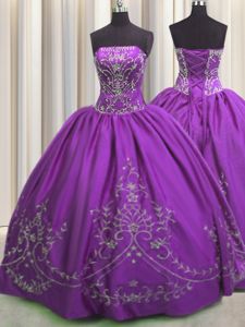 Flare Embroidery Floor Length Ball Gowns Sleeveless Eggplant Purple Sweet 16 Dress Lace Up