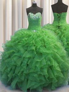 Lovely Scalloped Visible Boning Apple Green Sleeveless Organza Lace Up Quinceanera Dresses for Military Ball and Sweet 16 and Quinceanera