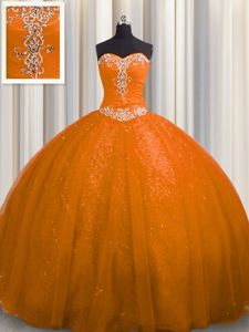 Cheap Sequined Beading and Appliques Sweet 16 Quinceanera Dress Rust Red Lace Up Sleeveless With Train Court Train
