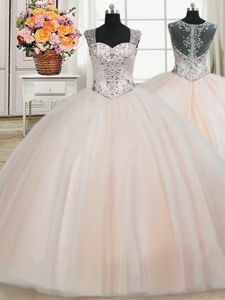 Free and Easy See Through Back Zipper Up Straps Cap Sleeves Tulle 15 Quinceanera Dress Beading Zipper