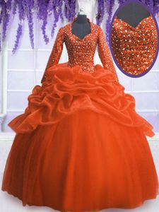 Orange Red Ball Gowns Organza V-neck Long Sleeves Sequins and Pick Ups Floor Length Zipper Quinceanera Dresses