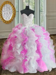 Romantic Beading and Ruffles Vestidos de Quinceanera White and Pink Lace Up Sleeveless Floor Length