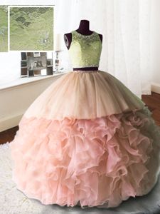 Fabulous Scoop Sleeveless Organza and Tulle and Lace 15 Quinceanera Dress Beading and Lace and Ruffles Brush Train Zipper