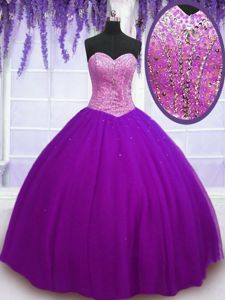 Latest Eggplant Purple Tulle Lace Up 15th Birthday Dress Sleeveless Floor Length Beading