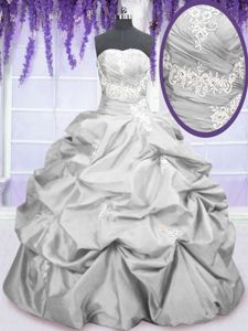 Silver Ball Gowns Embroidery and Pick Ups Quinceanera Gowns Lace Up Taffeta Sleeveless Floor Length