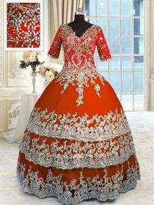 Orange Red Ball Gowns V-neck Half Sleeves Tulle Floor Length Zipper Beading and Appliques and Ruffles Vestidos de Quinceanera