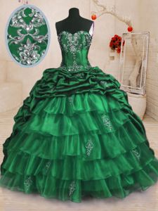 Exceptional Dark Green Lace Up 15 Quinceanera Dress Beading and Appliques and Ruffled Layers and Pick Ups Sleeveless With Train Sweep Train