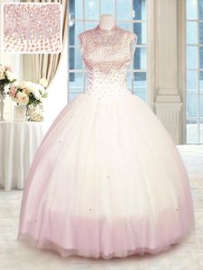 Tulle High-neck Sleeveless Zipper Beading 15 Quinceanera Dress in Baby Pink
