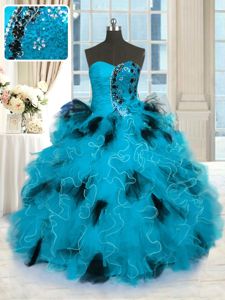 Fabulous Sleeveless Floor Length Beading and Ruffles Lace Up 15 Quinceanera Dress with Blue And Black