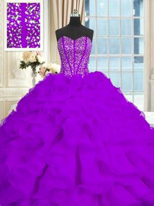 Eye-catching With Train Eggplant Purple Quince Ball Gowns Organza Brush Train Sleeveless Beading and Ruffles
