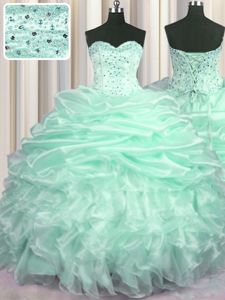 Suitable Zipper Up Sleeveless Floor Length Beading and Appliques Zipper Sweet 16 Dress with Apple Green