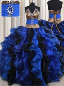 Blue And Black Sleeveless Beading and Ruffles Floor Length Sweet 16 Dresses