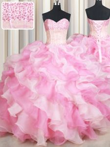 Wonderful Floor Length Pink And White Sweet 16 Quinceanera Dress Organza Sleeveless Beading and Ruffles