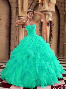 Ornate Blue Sweetheart Organza Quinceanera Gown Dress with Ruffles