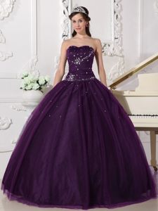 Dramatic Dark Purple Sweetheart Tulle Quinceanera Dress with Beading