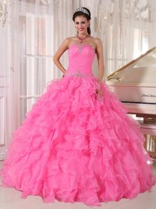 Strapless Floor-length Organza Beaded Ball Gown Quinces Dresses in Hot Pink