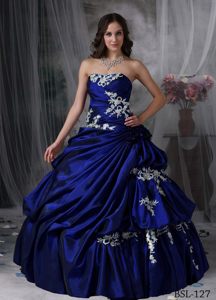 Ruched Appliqued Royal Blue Quinces Dresses Decorated with Handmade Flower