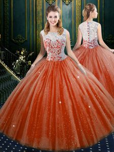 Fancy Orange Red High-neck Neckline Lace 15 Quinceanera Dress Sleeveless Zipper