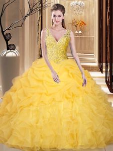 Stunning Pick Ups V-neck Sleeveless Backless Quinceanera Gowns Gold Organza