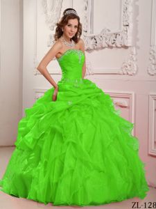 Ruffled Spring Green Strapless Organza Quinceanera Dress Beaded on Sale