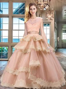 New Style Peach Two Pieces Tulle Scoop Cap Sleeves Beading and Lace and Appliques and Ruffled Layers Floor Length Zipper 15 Quinceanera Dress