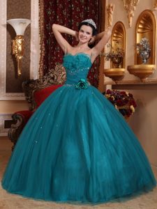 Flounced Beaded Strapless Dark Green Tulle Quinceanera Dresses with Flowers