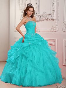 Beaded and Ruffled Aqua Blue Strapless Dress for Quinceanera in Organza