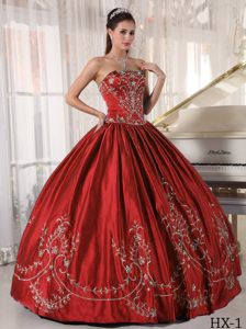 Wine Red Strapless Embroidery Satin Must-have Quinceanera Gown Dresses