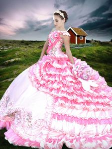 Edgy One Shoulder Ruffled Pink And White Sleeveless Organza and Taffeta Lace Up Quinceanera Gowns for Military Ball and Sweet 16 and Quinceanera