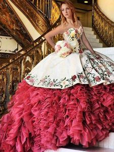 White and Red Ball Gowns Sweetheart Sleeveless Organza and Taffeta With Brush Train Lace Up Embroidery and Ruffles Vestidos de Quinceanera