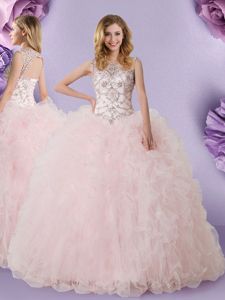 Popular Scoop Lace 15th Birthday Dress Baby Pink Lace Up Sleeveless Floor Length