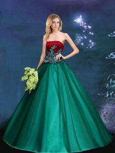 Satin and Tulle Strapless Sleeveless Lace Up Appliques Quinceanera Dresses in Dark Green