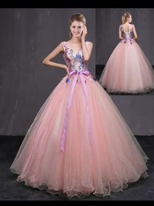 Enchanting Tulle Sleeveless Floor Length Vestidos de Quinceanera and Appliques and Belt