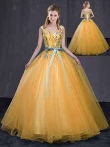 Ideal Tulle V-neck Sleeveless Lace Up Appliques and Belt Vestidos de Quinceanera in Gold