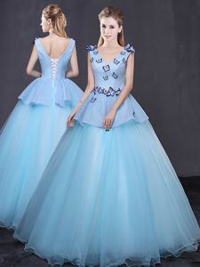 Vintage Peach Quinceanera Dress Military Ball and Sweet 16 and Quinceanera and For with Appliques and Belt V-neck Sleeveless Lace Up