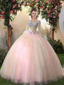 Scoop Floor Length Ball Gowns Long Sleeves Peach 15 Quinceanera Dress Lace Up