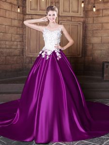 Pretty Eggplant Purple Ball Gowns Elastic Woven Satin Scoop Sleeveless Lace and Appliques With Train Lace Up Sweet 16 Dresses Court Train