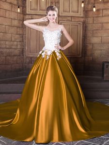 Trendy Scoop Sleeveless Elastic Woven Satin Floor Length Court Train Lace Up Quince Ball Gowns in Gold for with Lace and Appliques
