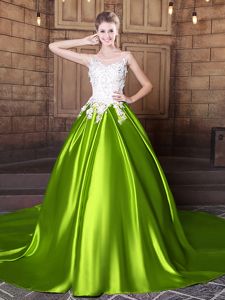 Best Selling Scoop Yellow Green Elastic Woven Satin Lace Up Sweet 16 Dresses Sleeveless With Train Court Train Lace and Appliques